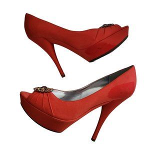 NINA NEW YORK HEELS ORANGE STILLETTO DIAMOND BROOUSH SHOES SIZE 7.5M SATIN
